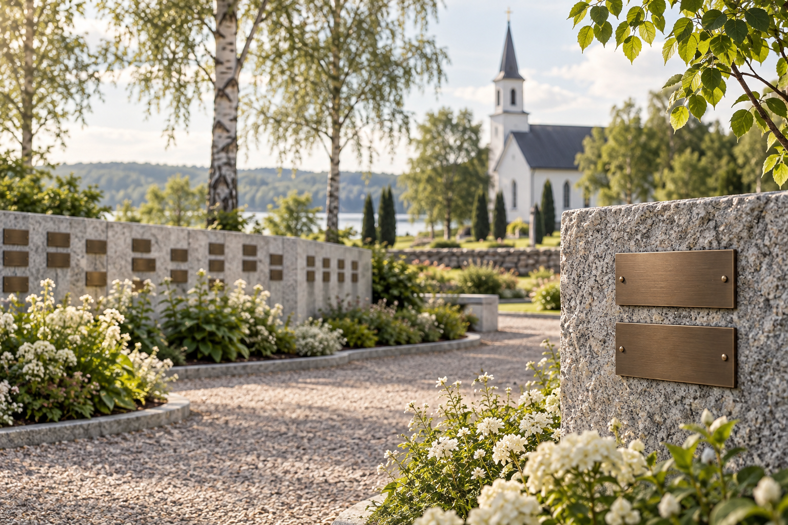 Illustrerad svensk minnesmiljö med en gemensam stenmur och små namnplattor